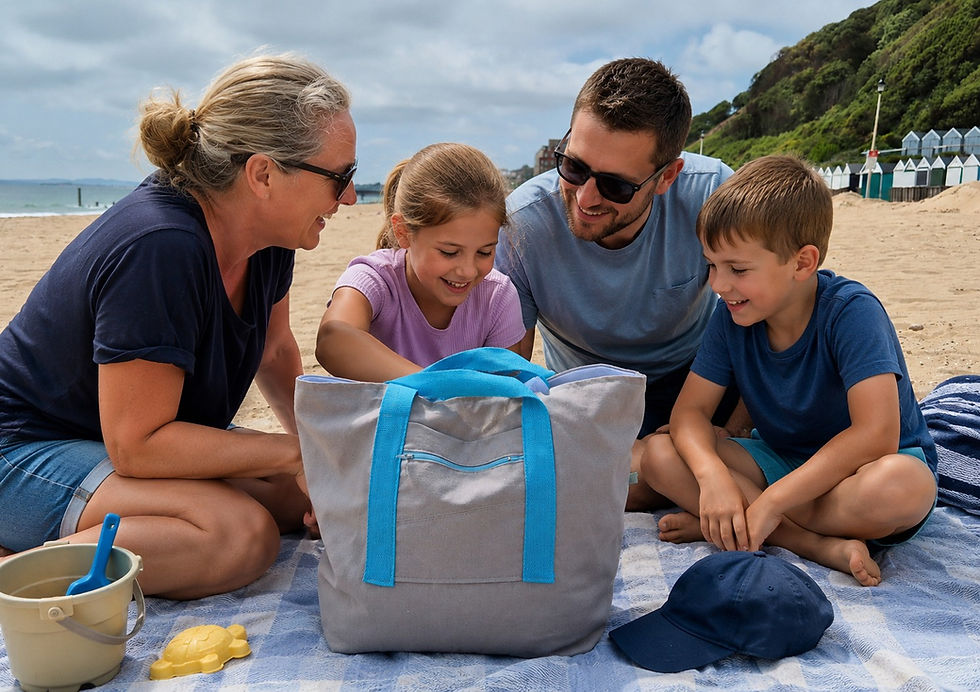 Thumbnail: grey cotton bag with light blue handles and front zip in front of family at the beach