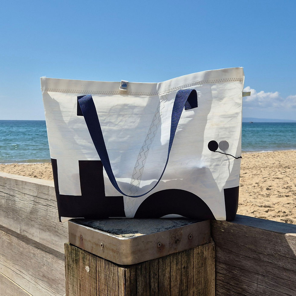 White Sail Bag with original stickers and blue Handles on Beach side