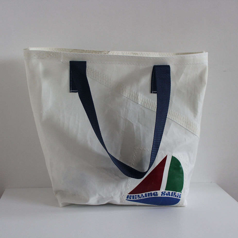 White Sail Bag with blue handles and small Relling Sail Emblem at the bottom right of the bag.