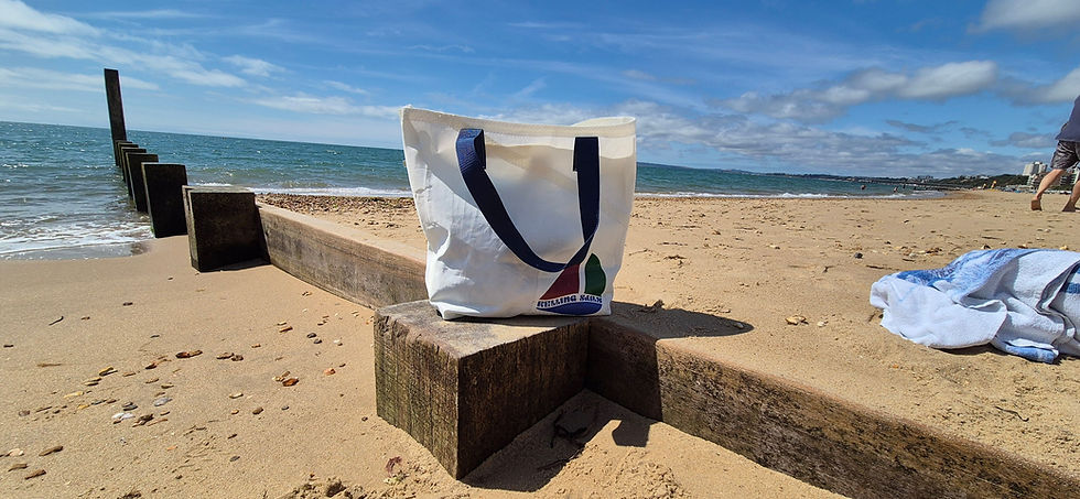 White Sail Bag with blue handles, small Sailmaker emblem "Relling Sails" on lower right and original zig-zag Stitching on to