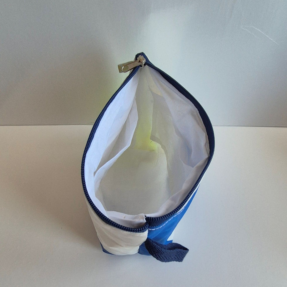 Thumbnail: open white washbag with cotton inside lining. blue open zip, blue hook on the side. some additional compartments inside visib