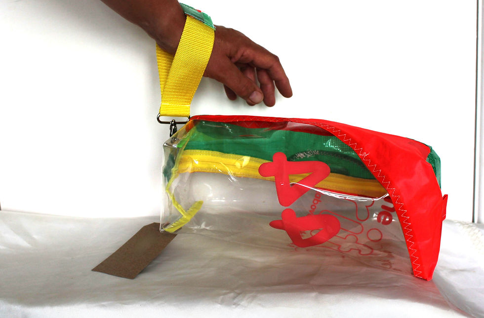 Thumbnail: A clear pencil case with a red, green, and yellow fabric top. The case has a yellow zip and a yellow fabric handle.