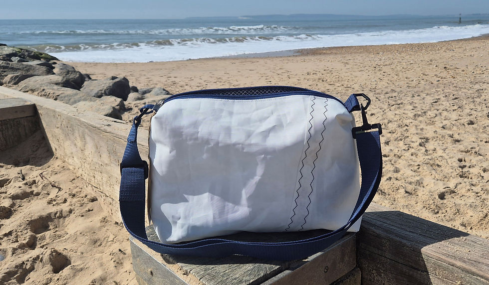 White rectangular sail bag with original stitching at front and blue zip on top as well as blue handles in crossbody style.