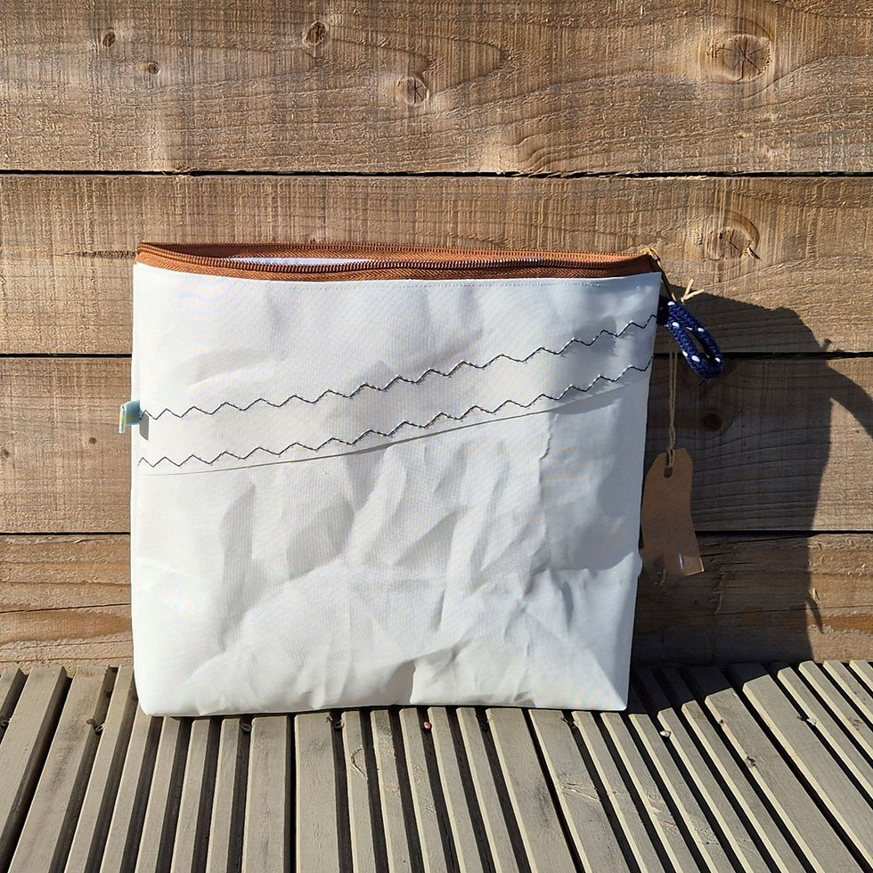 Thumbnail: White Toiletry Bag with brown zip and original features on wooden decking in front of a fence