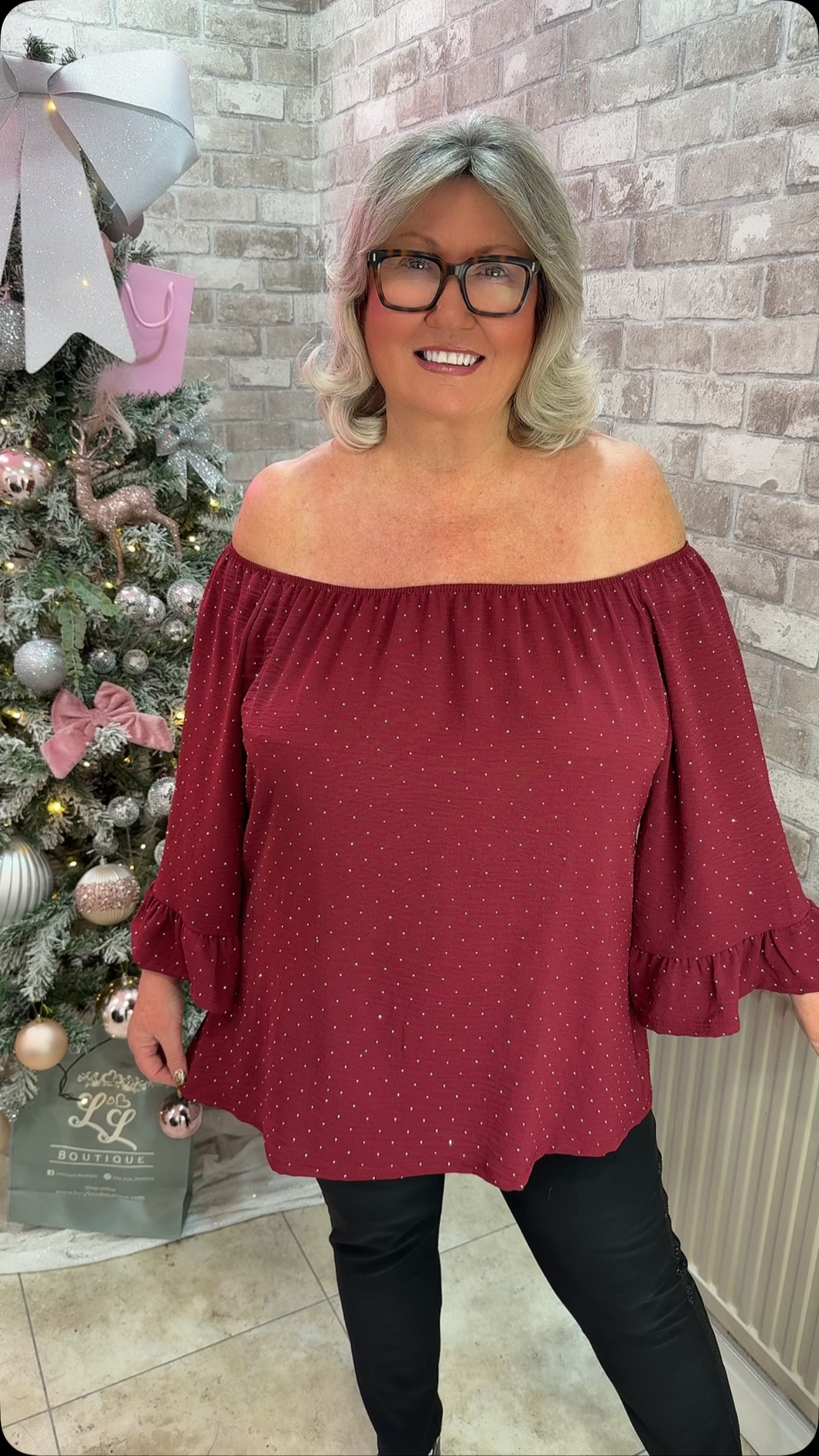 Bonnie Gem Sparkle Bardot Frill Top Wine