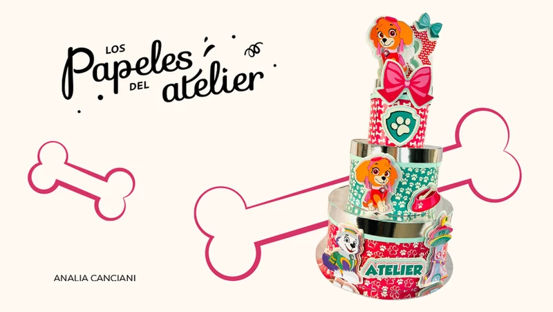 Torta caramelera de tres pisos color rosa con diseño de Paw Patrol para fiestas infantiles