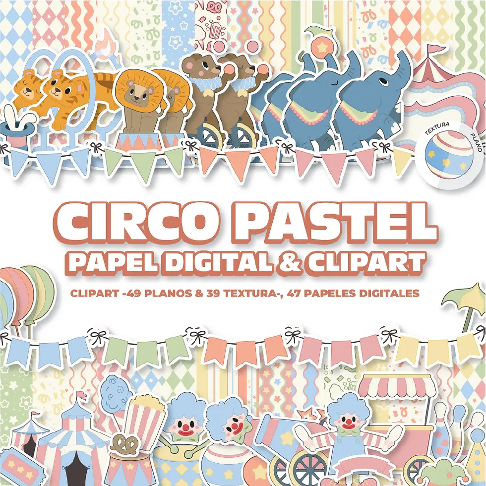 Circo Pastel | Pack Digital PNG con Cliparts y Papeles para Papelería Infantil