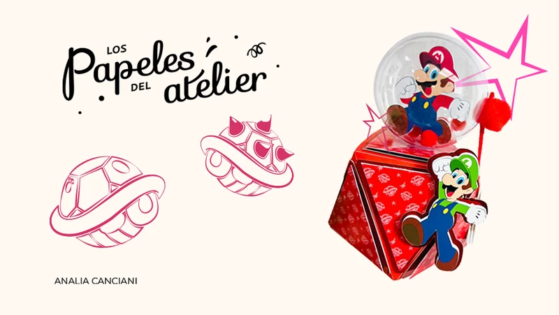 Caja triangular temática de Mario Bros con esfera transparente, pompones de colores y tag colgante