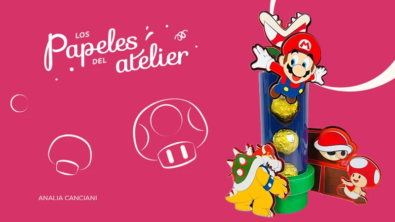 Caja tubular para ferrero rocher de papelería creativa inspirada en el universo de Super Mario,
