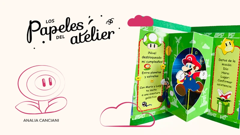 Tarjeta pop-up abierta con diseño de galaxia y figura de Mario Bros en un mecanismo giratorio