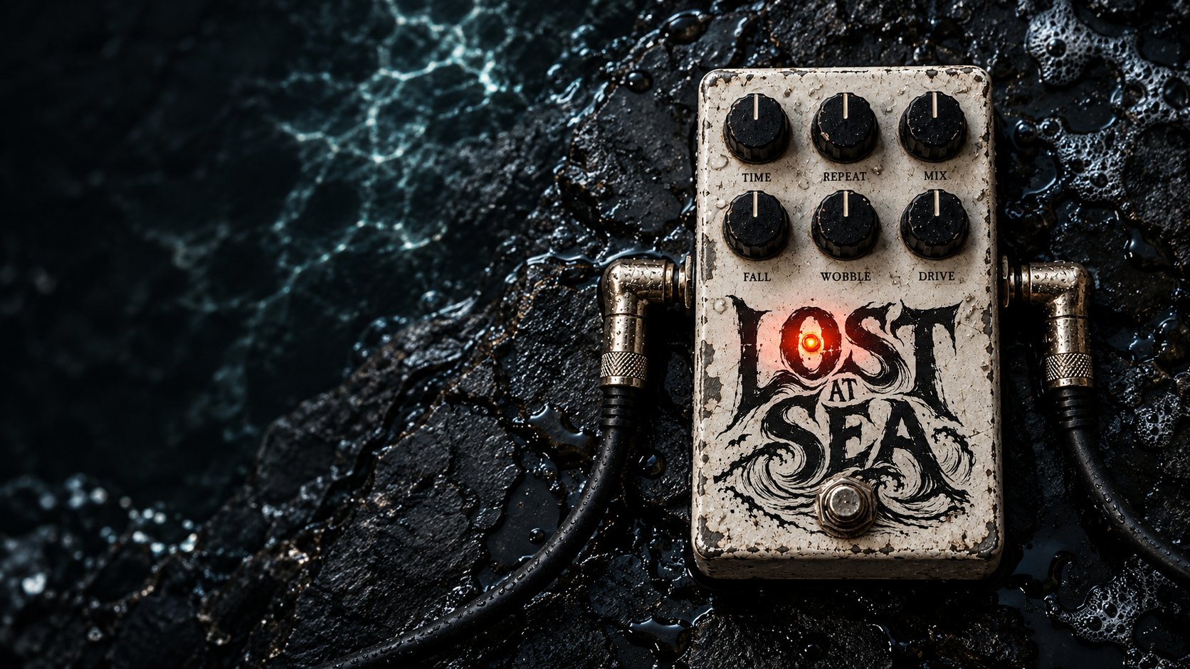 The Lost At Sea pedal sitting on wet black slate, its red light glowing