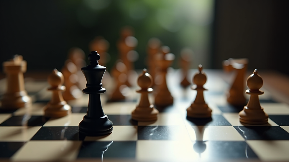 Close-up view of a chessboard with pieces in mid-game