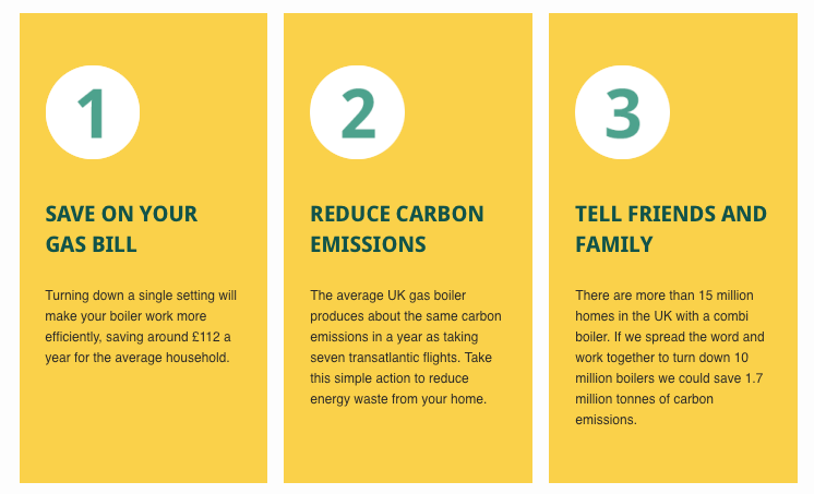 If 10 million households turned down the flow temperature on their combi boilers to 60°c or below this could wipe £1billion off UK energy bills and save 1.7 million tonnes of carbon emissions – the equivalent of nearly six million transatlantic flights.