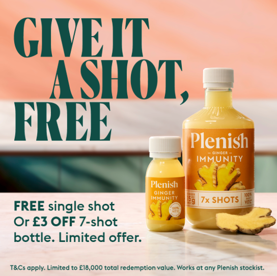 You can grab a Plenish Ginger Immunity shot completely free, or get £3 off a 7-shot dosing bottle, thanks to a new cashback promotion run via Hashting.