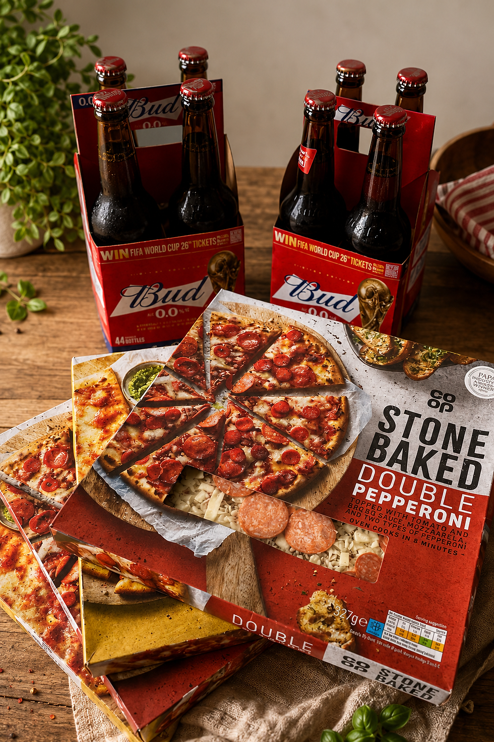 You get two stonebaked pizzas and a 4-pack of drinks (Budweiser beers or Coke Zero or Diet Coke) for £5 for Co-op members or £6 for non-members.