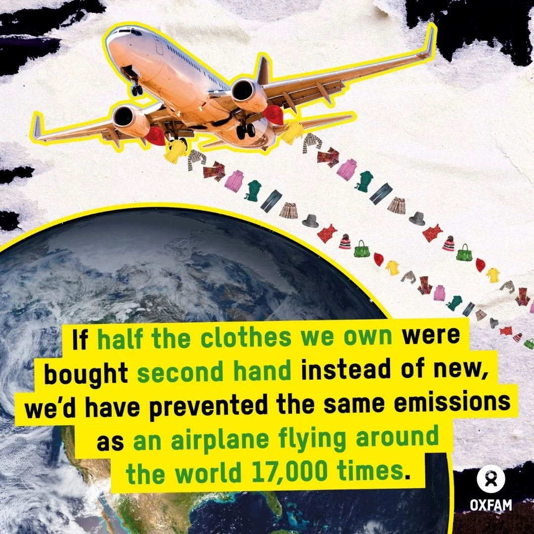 If half the clothes we own were bought second-hand instead of new, we'd have prevented the same emissions as an airplane flying around the world 17,000 times.