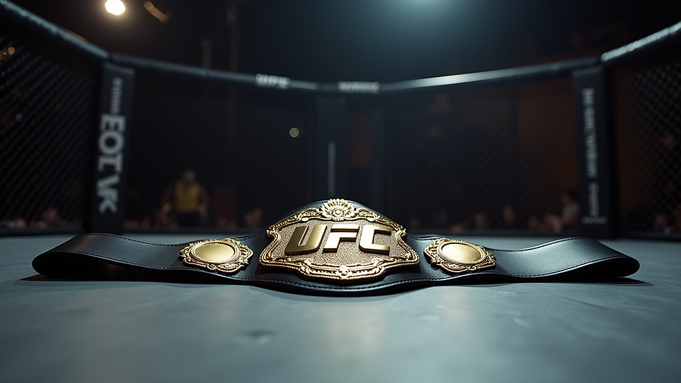 Eye-level view of a UFC championship belt resting on a mat