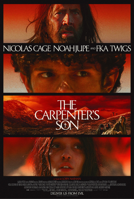 Joseph (Nicolas Cage), Jesus (Noah Jupe), and Mary (FKA Twigs) in The Carpenter's Son