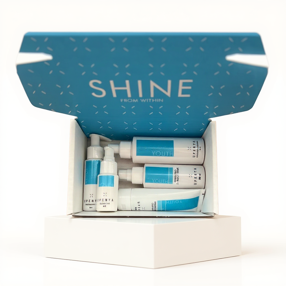 Box containing Upenya 5-in-1 Skincare Complete Set showing the word "Shine".