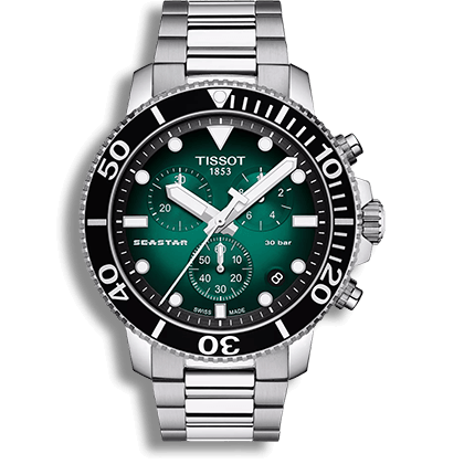 Tissot Seastar chronograph dive watch with green dial, rotating bezel, stainless steel case, and bracelet.
