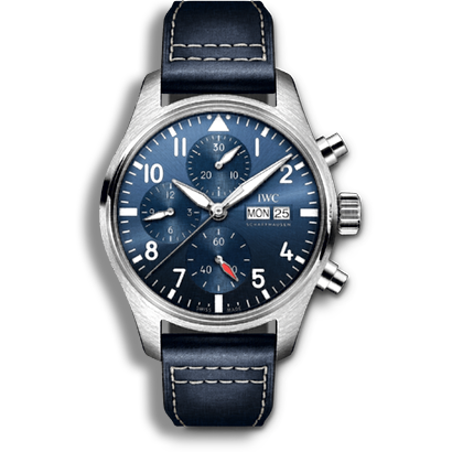 IWC Pilot’s Watch Chronograph with blue dial, stainless steel case, day-date display, and blue leather strap.