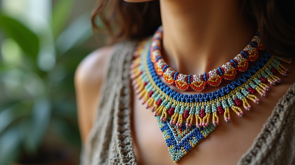Close-up view of handmade beaded necklace with intricate patterns