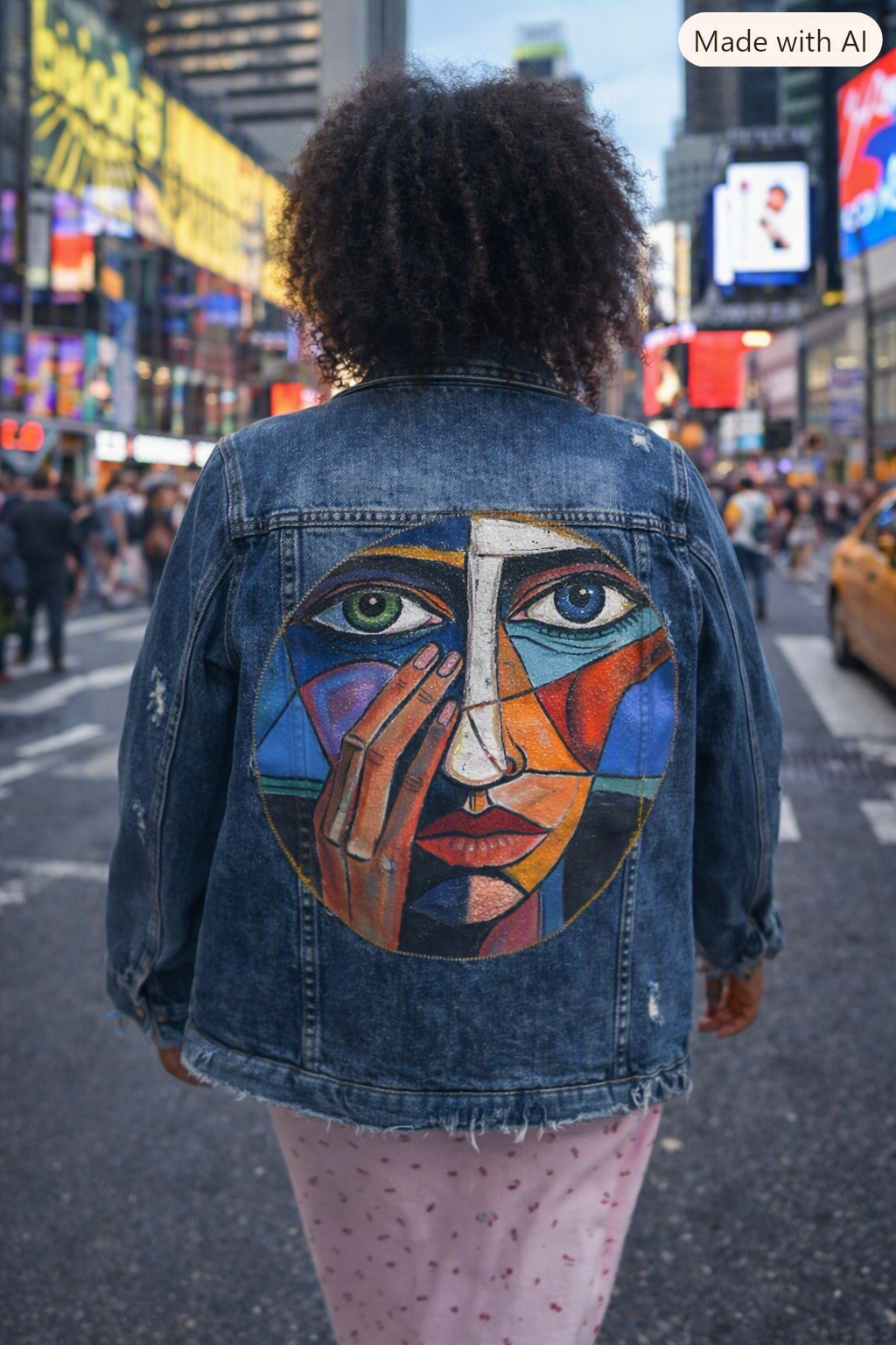 Denim Jacket with Abstract Picture of Girl on Back
