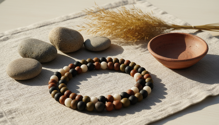 Eye-level view of a handmade beaded necklace arranged beside small stones and dried grasses.
