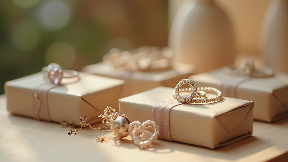 Eye-level view of eco-friendly packaging for handmade jewelry