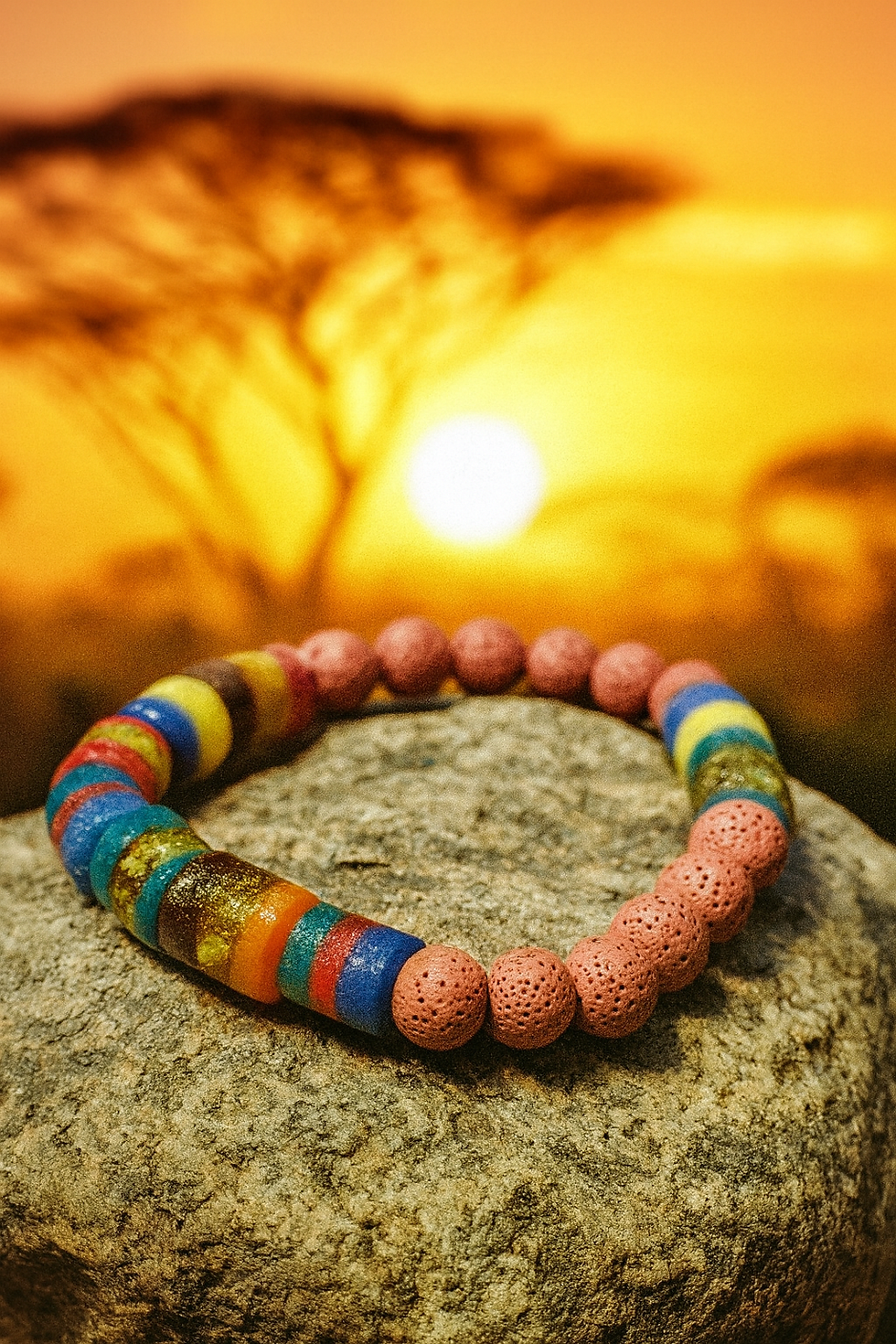 Red Lava Rock and Krobo Bead Bracelet