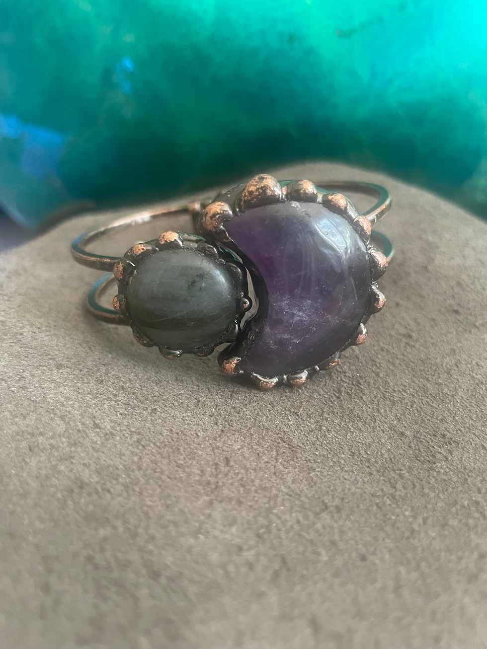 Thumbnail: Vintage Crescent Moon Bracelet with Purple Labradorite Stone