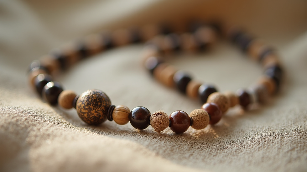 Close-up view of handmade beaded necklace on natural fabric
