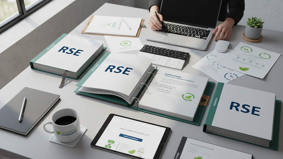 Vue en plongée d’un bureau d’entreprise avec des documents RSE