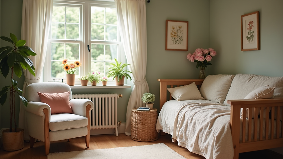Eye-level view of a cozy cottage interior with floral decor