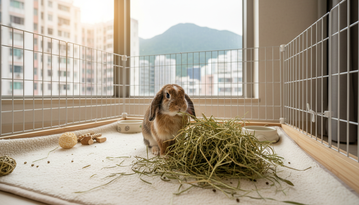 Eye-level view of a healthy rabbit eating timothy hay in a clean indoor enclosure