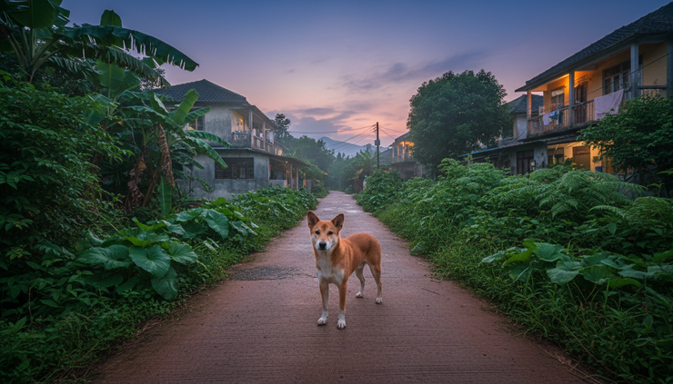 Wide-angle view of a dog standing near a village path in the New Territories at dusk