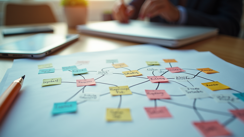 High angle view of colorful mind maps and notes on a study desk