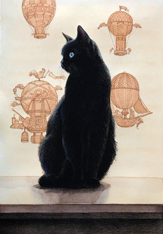 illustration of black cat on desk with background of hot air baloons