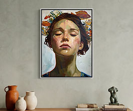 A painting of a woman underwater, with some coral around her hair.