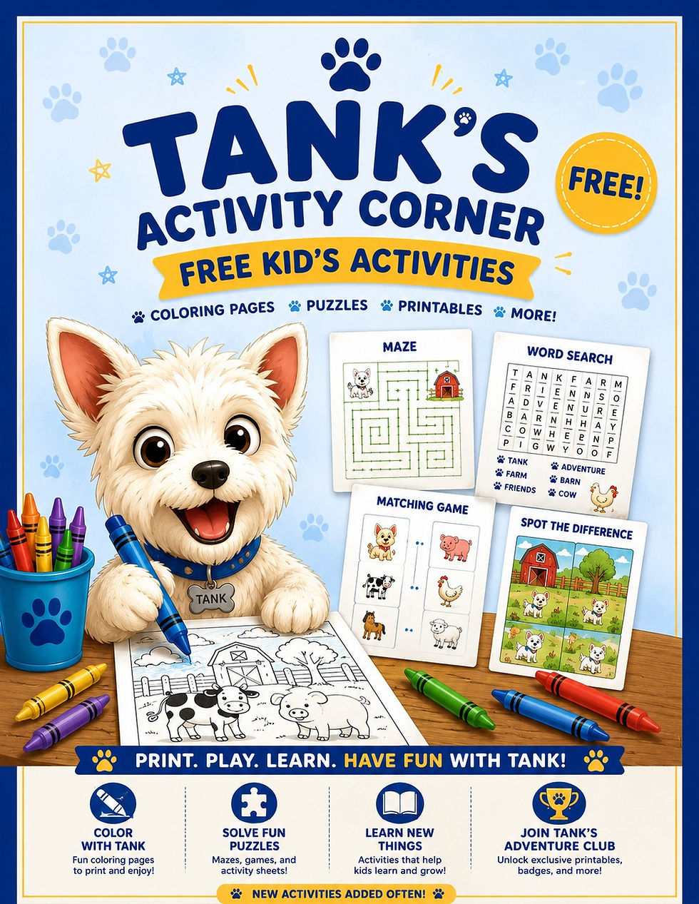 Tank's Adventure Club™ free printable kids activities and coloring pages