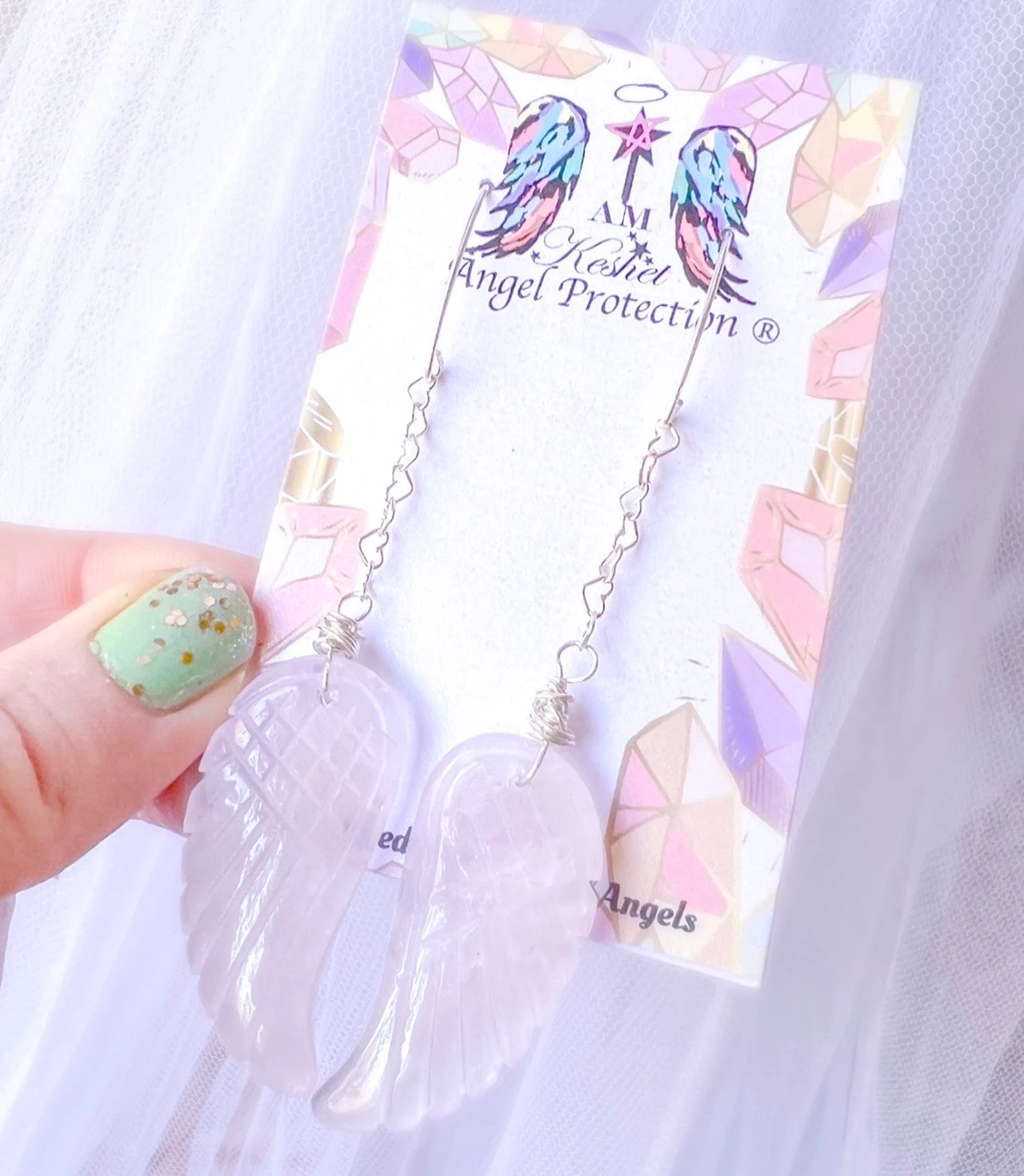 rose quartz angel wing earrings with heart chain 