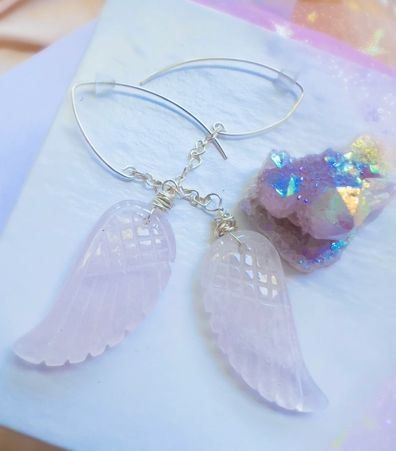 rose quartz angel wing earrings with heart chain