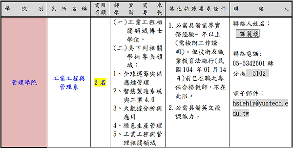 雲林科技大學工業工程與管理系誠徵專任師資2名(助理教授以上.PNG