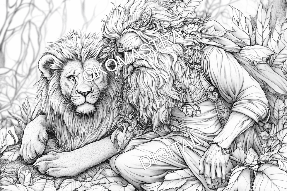 Black and white coloring book depicting an old sage with thick hair and beard decorated with leaves and flowers. He sits surr