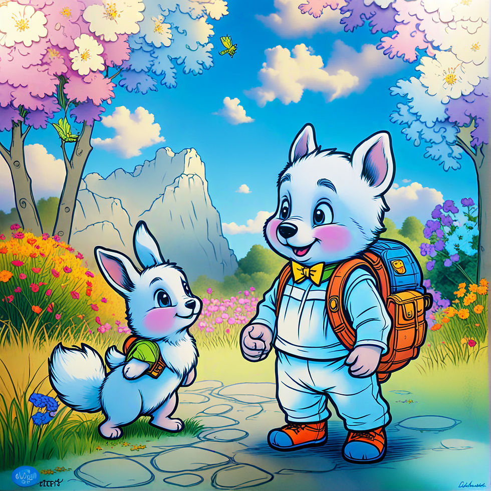  a cute bear cub with a backpack and a butterfly around his neck, having a friendly c