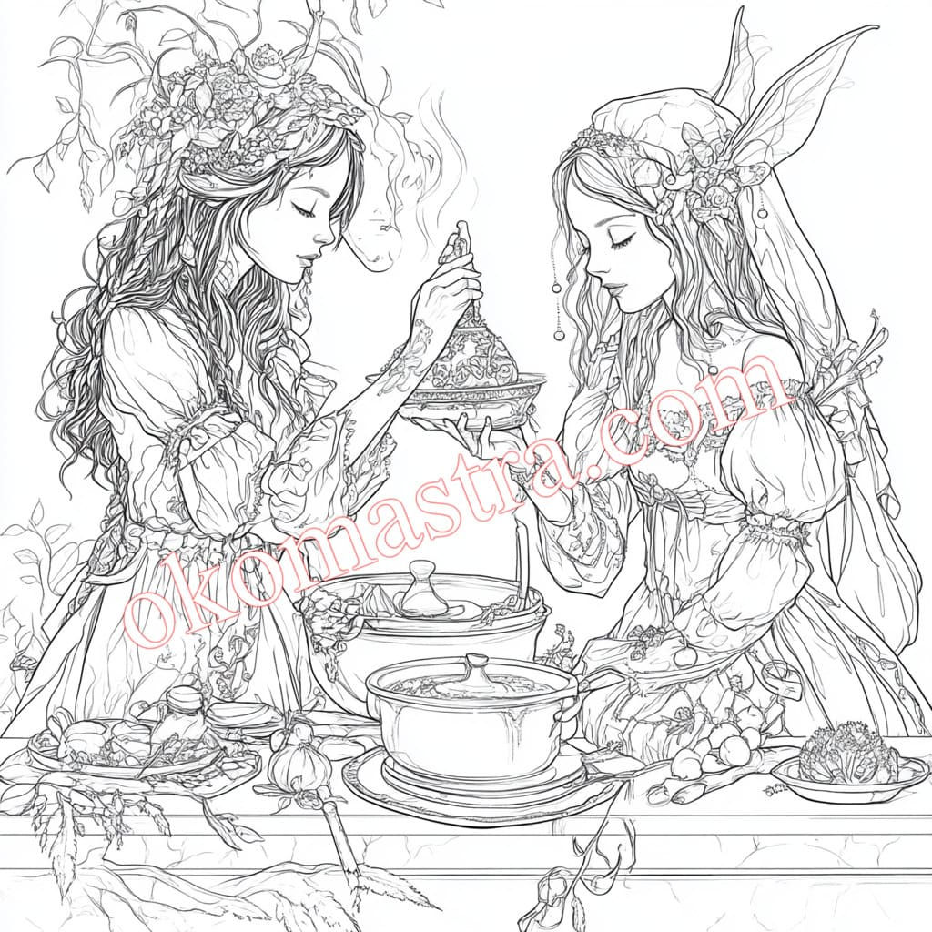 Coloring.Two beautiful fairies in floral wreaths share brightly colored fruits at an exquisite table.