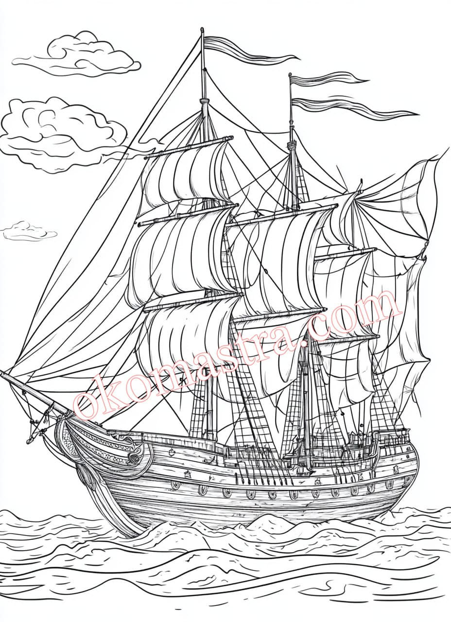 A magnificent sailing ship glides on the sea waves under the warm rays of the setting sun. Its sails are filled with wind and