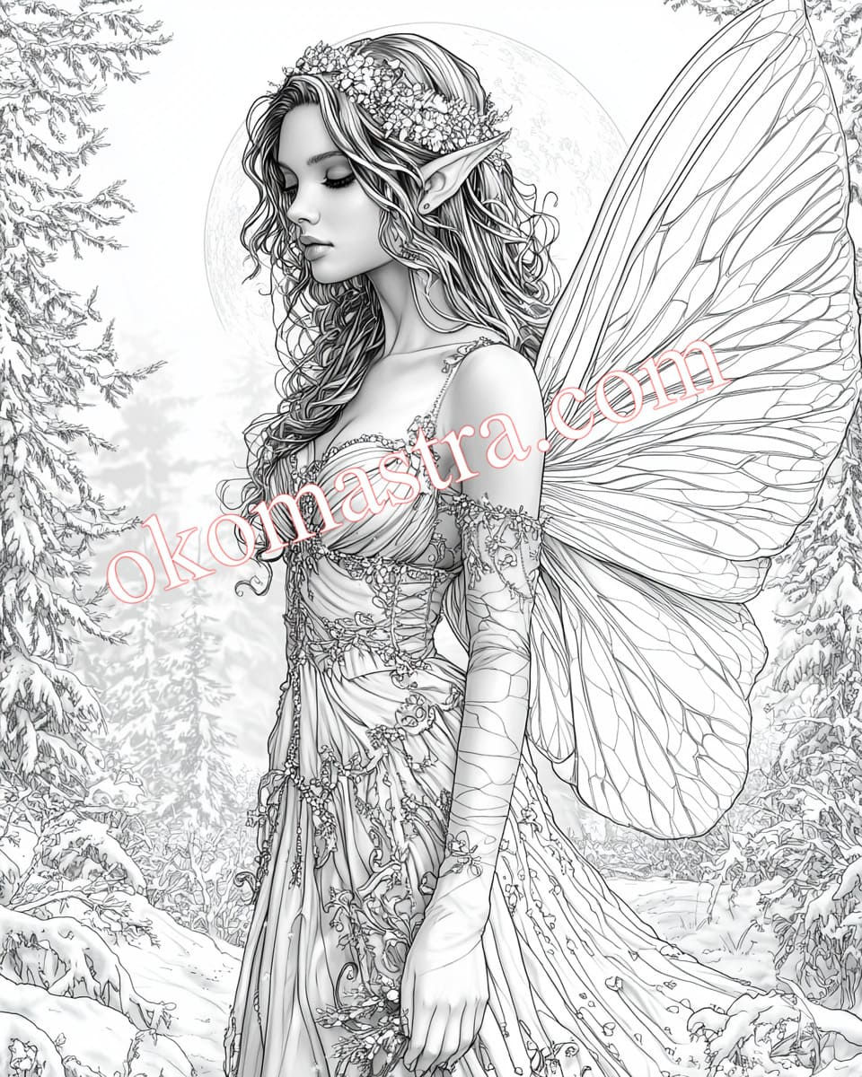 An image of a forest fairy with large butterfly wings. Coloring page for adults.