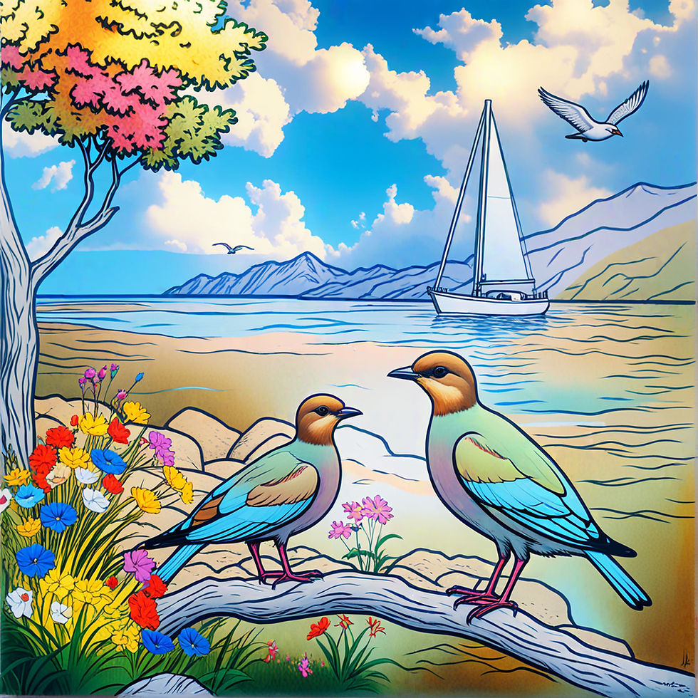 Black and white colouring book depicting two seagulls on the shore, a sailing ship at sea and picturesque coastal hills. A de