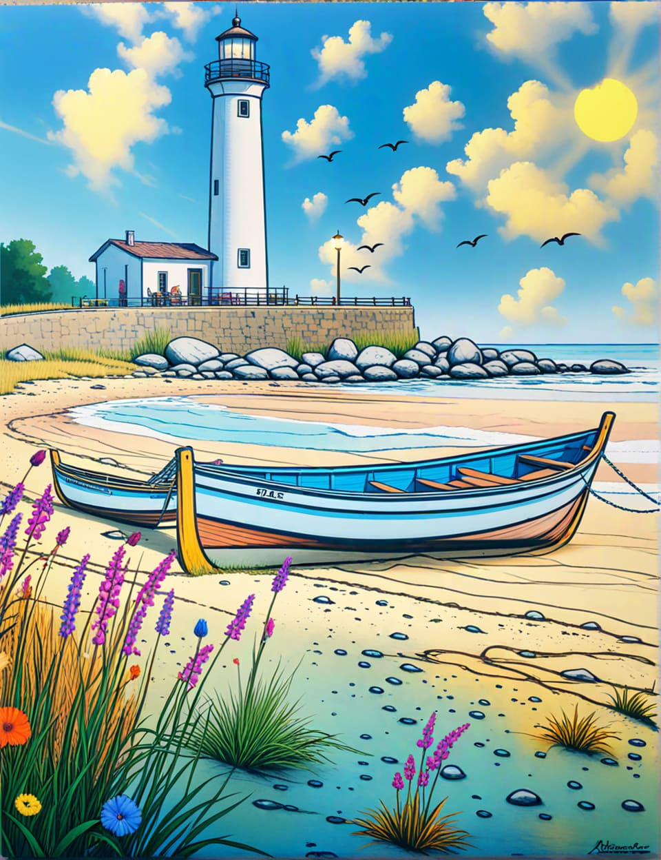 The boat is on the shore near the lighthouse.